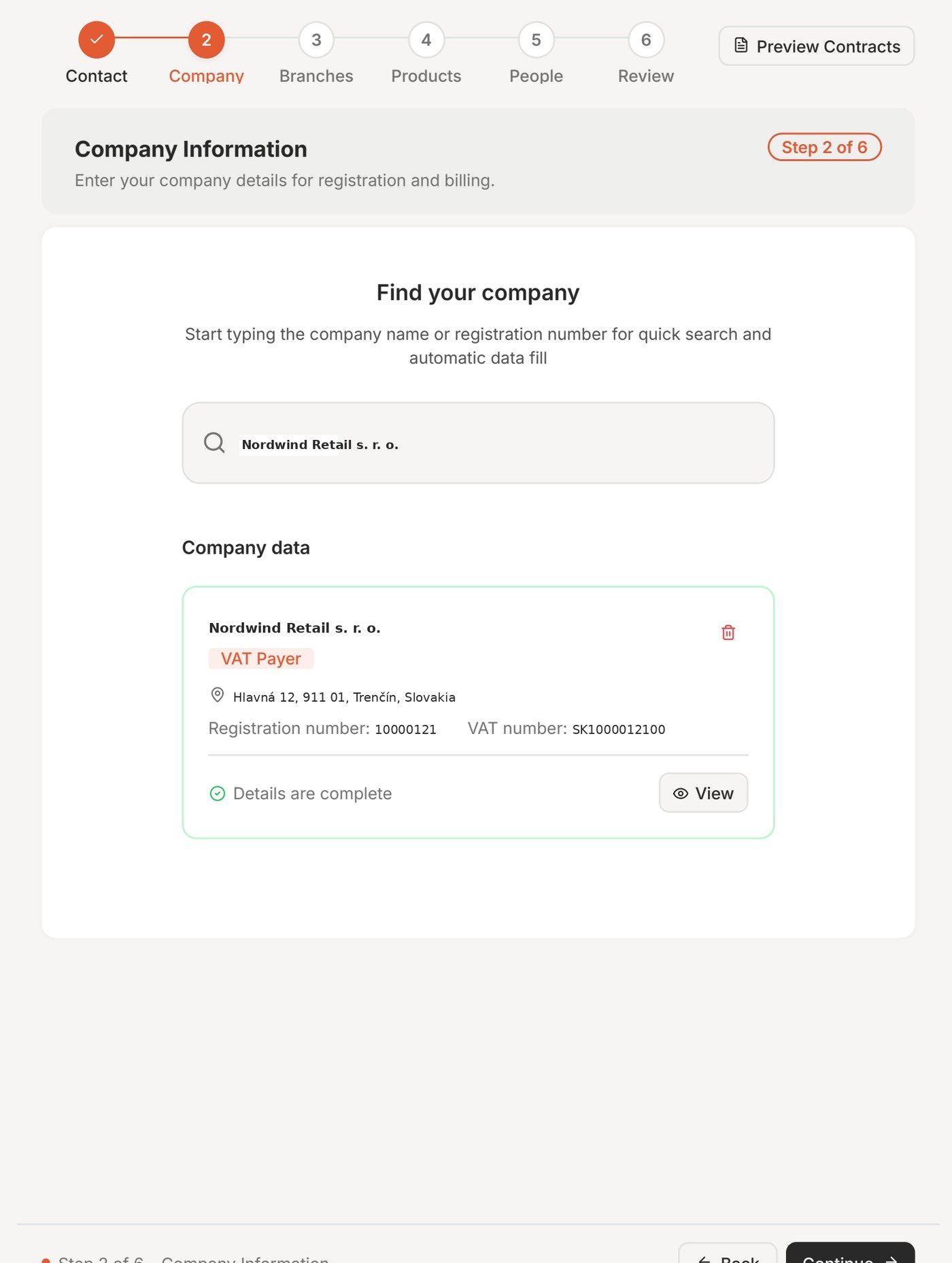 Company lookup in the business registry