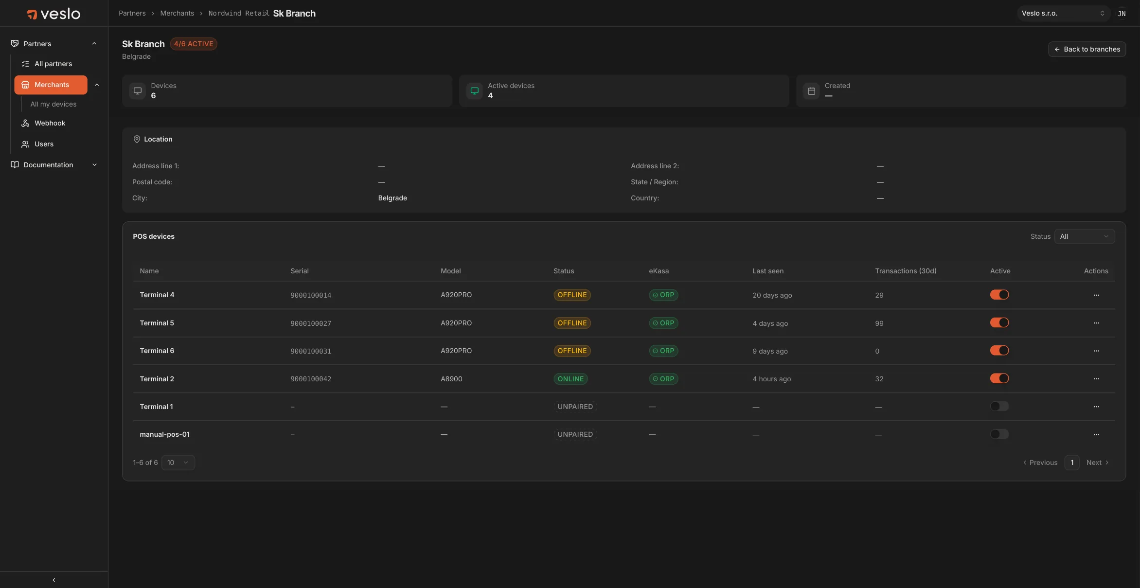 Terminals at a branch with status, model, last seen and transaction counts