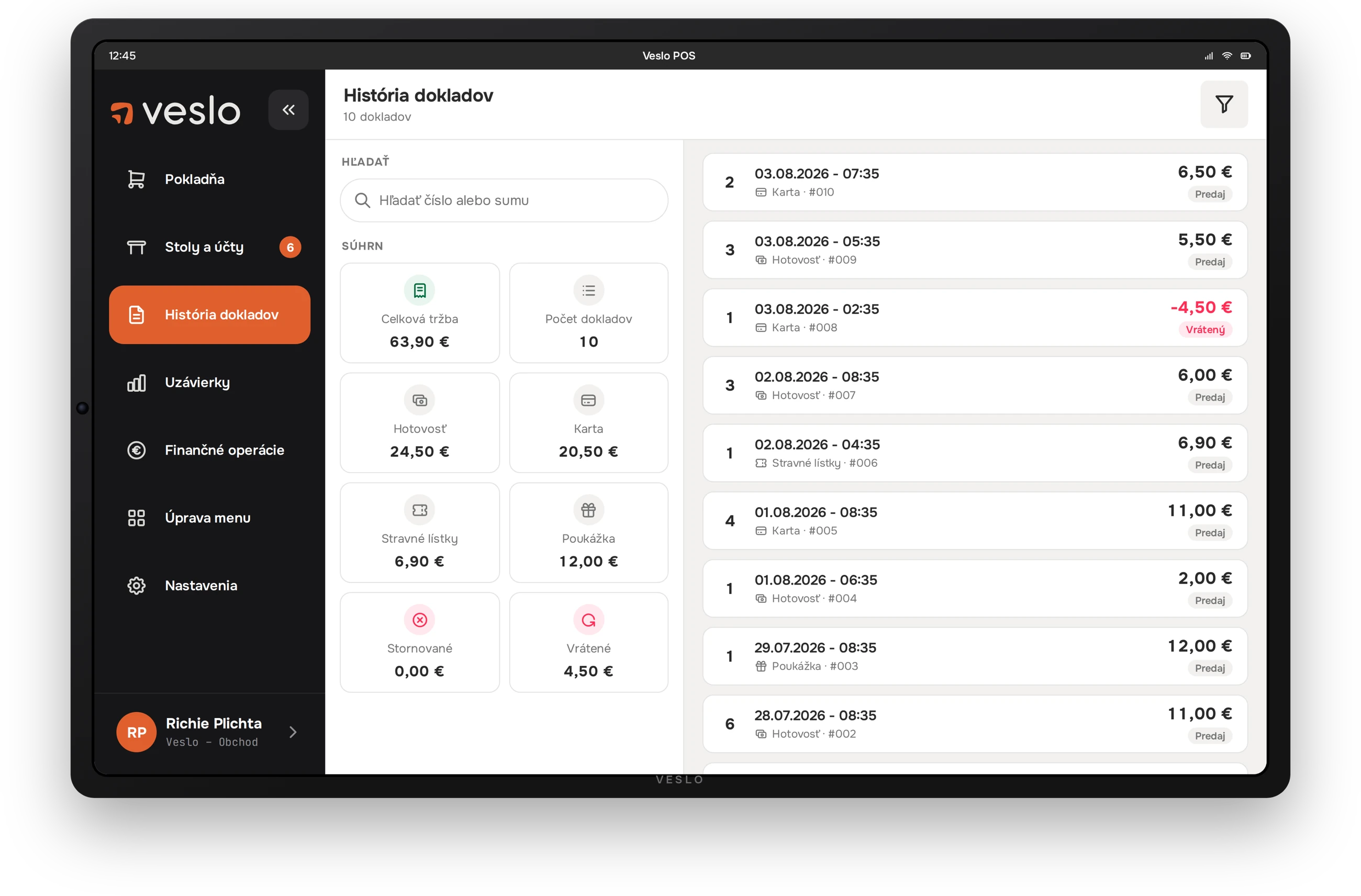 Document history with payment breakdown
