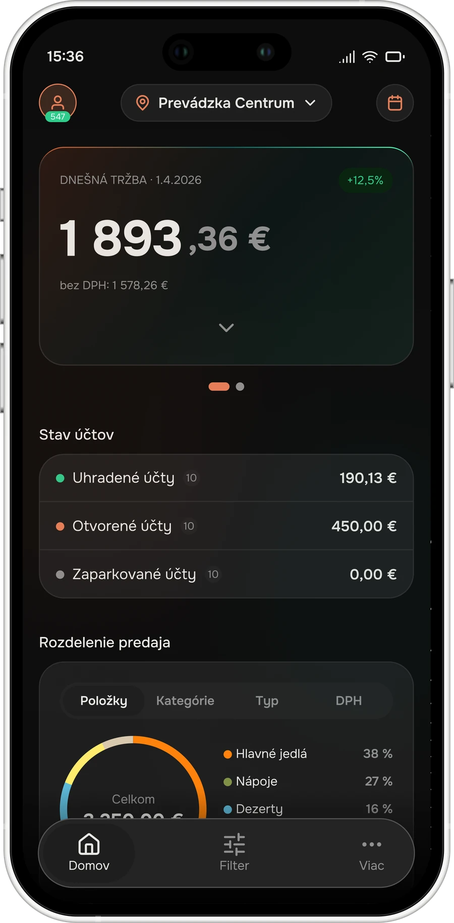 Veslo mobile app dashboard — dark mode