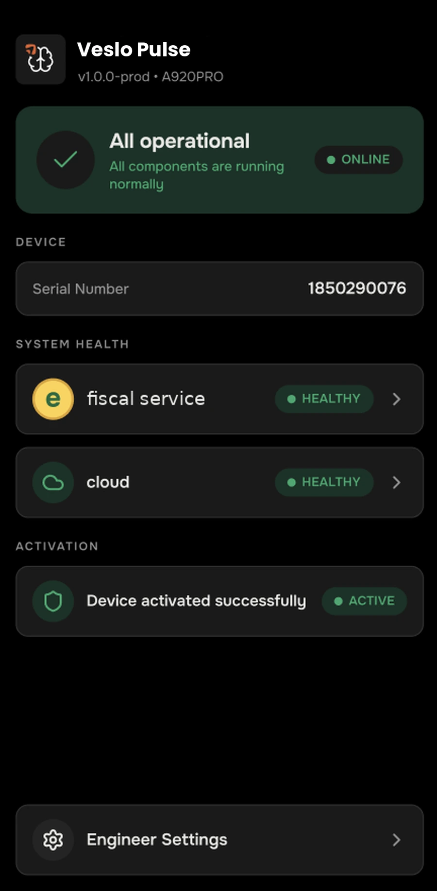 Veslo Pulse on a terminal — all components healthy