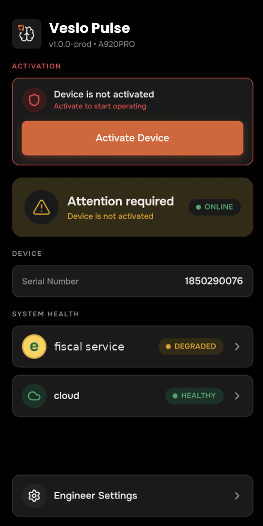 Veslo Pulse on a terminal — attention required