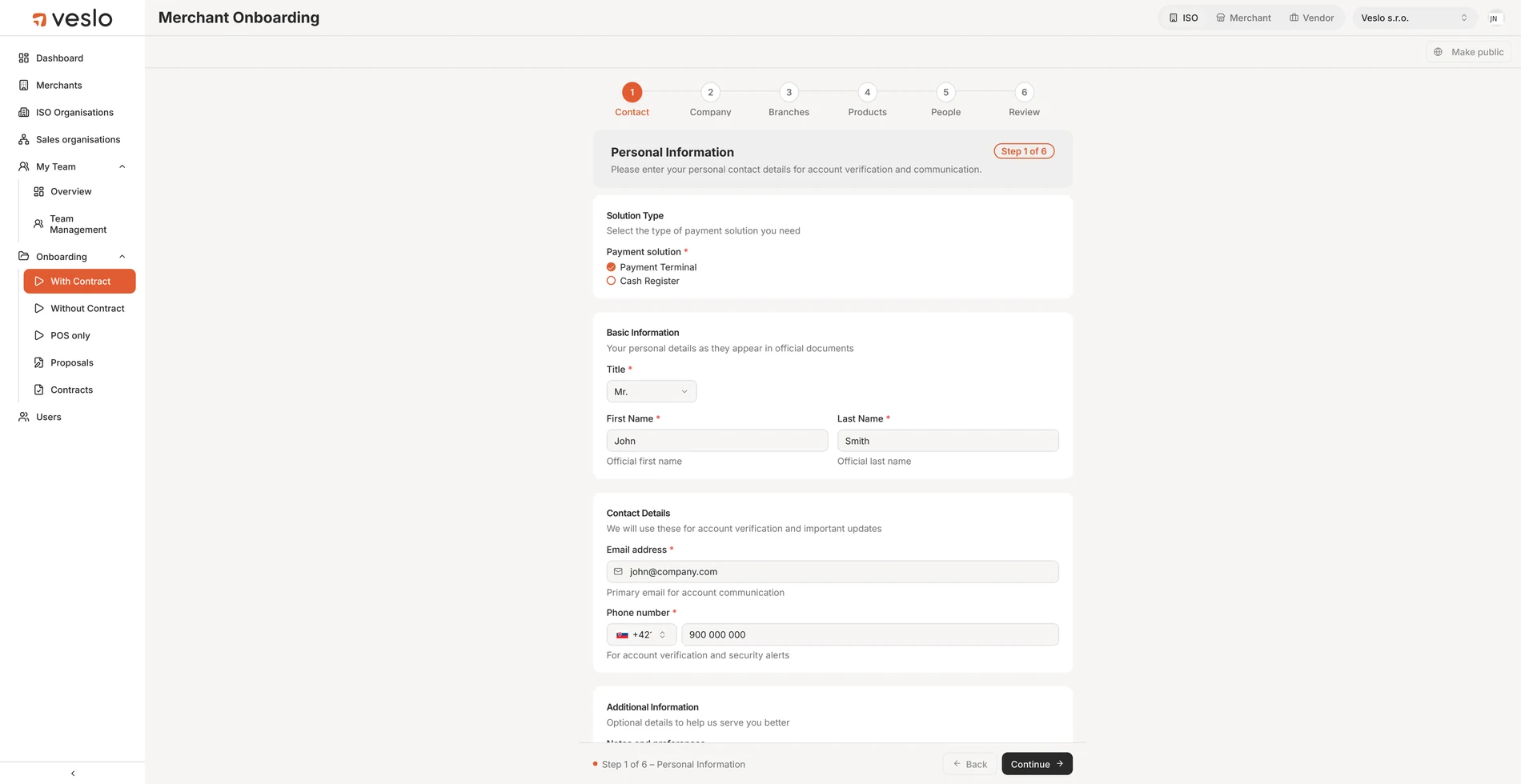 Merchant onboarding — step 1, contact